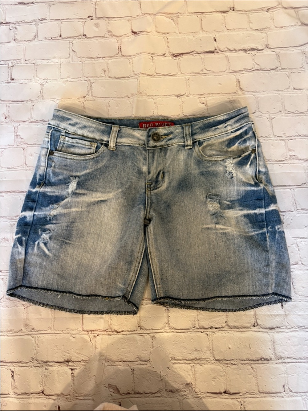 Red Rivet Light Blue Distressed Denim Jean Shorts